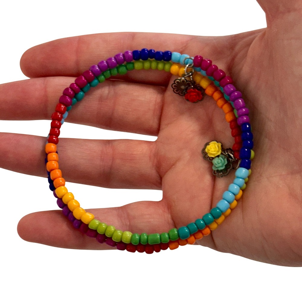 Handcrafted Rainbow Seed Bead Memory Wire Wrap‎ Bracelet Floral Rose Charms NEW